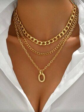 Gold 1pc Layered Chain Necklace Layered Pendant Necklace
